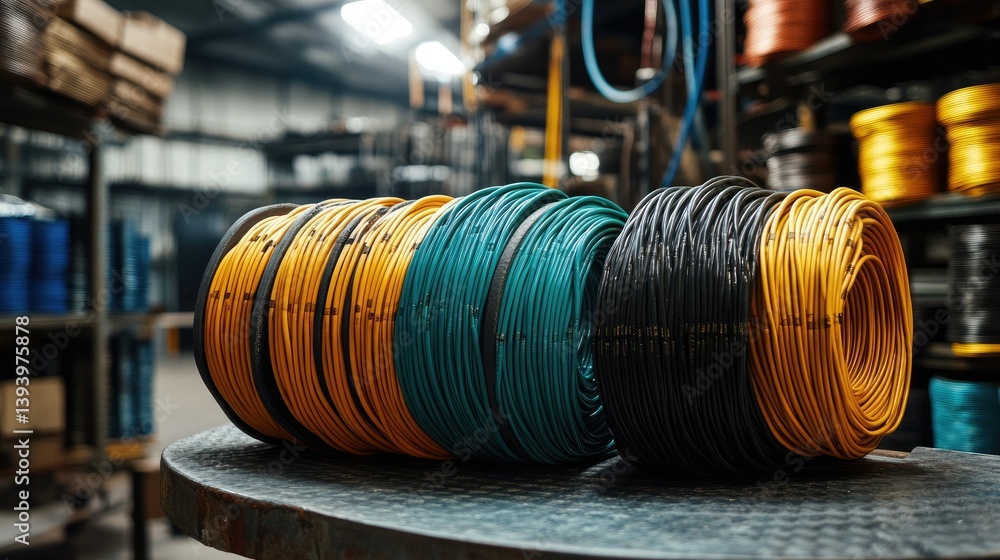 Obraz premium Industrial-grade electrical wires in different thicknesses and colors, placed on a metal table for repair work