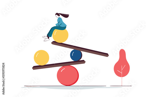 Work life balance, equality or weight between working for money and life happiness, health, success and healthy lifestyle concept, woman working with computer laptop while balance on equilibrium.