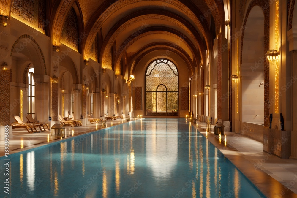 Fototapeta premium Luxurious indoor swimming pool reflecting warm light in arabic palace