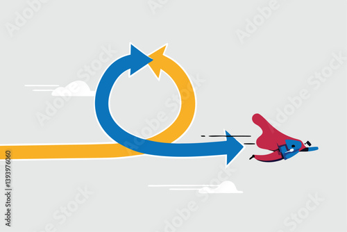 Agile methodology in project management or software development, sprint or dev cycle to release and improve product, scrum process or workflow concept, businessman superhero fly with agile cycle.