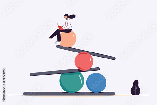 Work life balance, equality or weight between working for money and life happiness, health, success and healthy lifestyle concept, woman working with computer laptop while balance on equilibrium.