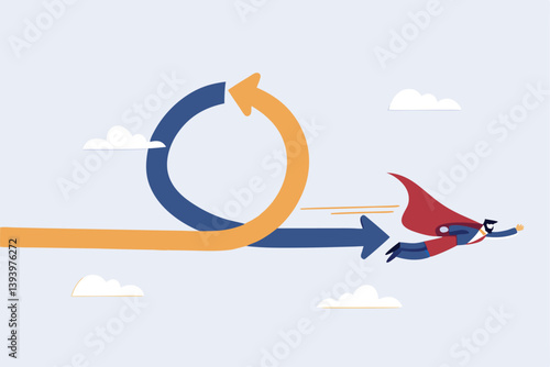 Agile methodology in project management or software development, sprint or dev cycle to release and improve product, scrum process or workflow concept, businessman superhero fly with agile cycle.