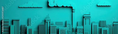 Abstract city skyline illustration with buildings and smoke on a blue-green background, showcasing urban architecture and environmental themes