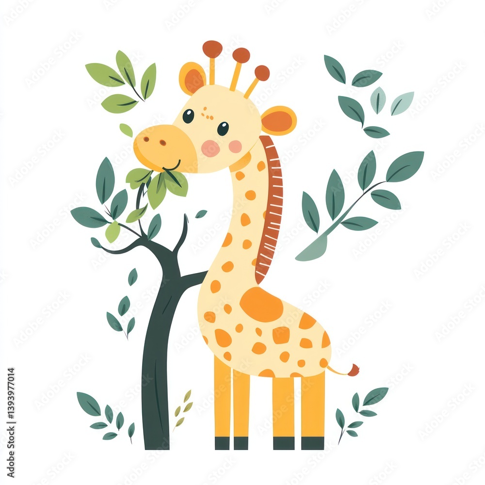 Cute giraffe eating leaves in a playful forest scene. Possible use Children's book cover, nursery decor Cute giraffe eating leaves in a playful forest scene. Possible use Children's book cover, nursery decor