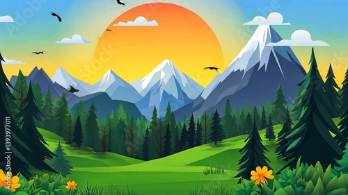 Beautiful Mountain Landscape Animation with Rising Sun and Flying Birds Cartoon Style