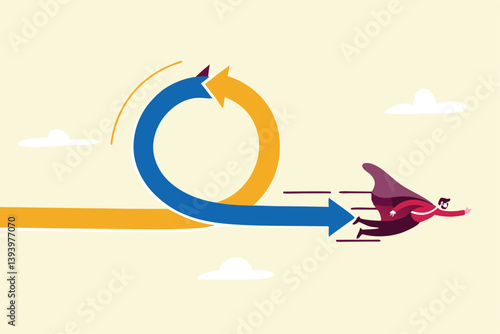 Agile methodology in project management or software development, sprint or dev cycle to release and improve product, scrum process or workflow concept, businessman superhero fly with agile cycle.