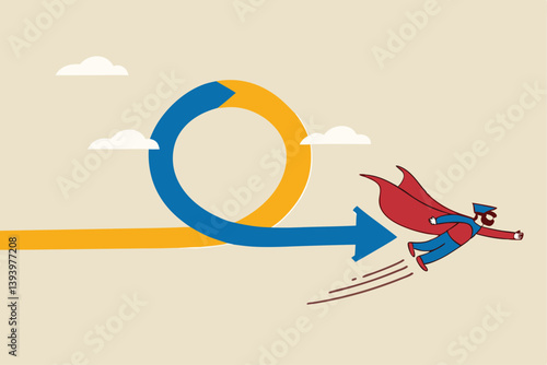 Agile methodology in project management or software development, sprint or dev cycle to release and improve product, scrum process or workflow concept, businessman superhero fly with agile cycle.