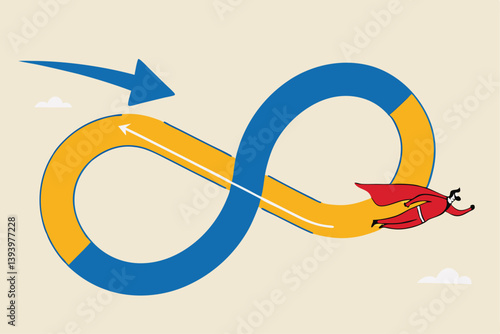 Agile methodology in project management or software development, sprint or dev cycle to release and improve product, scrum process or workflow concept, businessman superhero fly with agile cycle.