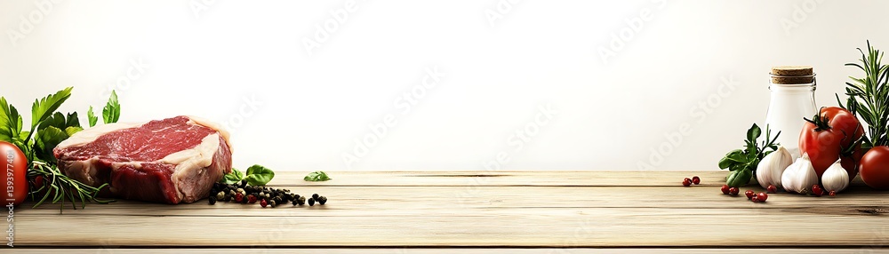 Raw steak with vegetables on wooden table Raw steak with vegetables on wooden table