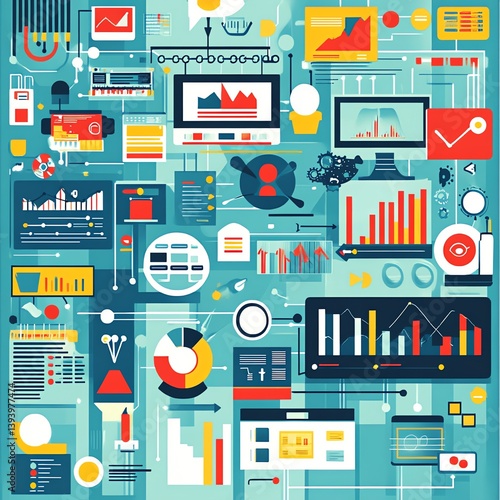 Futuristic isometric illustration of a digital data network and AI system. Depicts cloud computing, blockchain, and interconnected databases in a modern virtual technology environment
