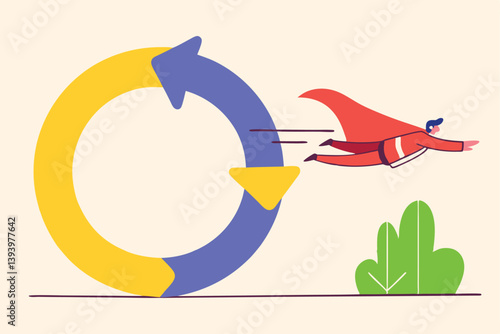 Agile methodology in project management or software development, sprint or dev cycle to release and improve product, scrum process or workflow concept, businessman superhero fly with agile cycle.