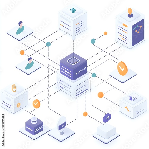 Futuristic isometric illustration of a digital data network and AI system. Depicts cloud computing, blockchain, and interconnected databases in a modern virtual technology environment