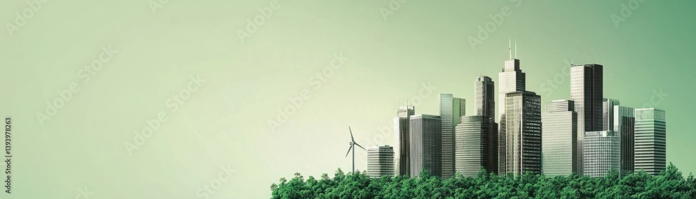 Fototapeta premium Modern City Skyline with Green Trees and Wind Turbines, Representing Sustainability and Urban Development in a Clean Environment