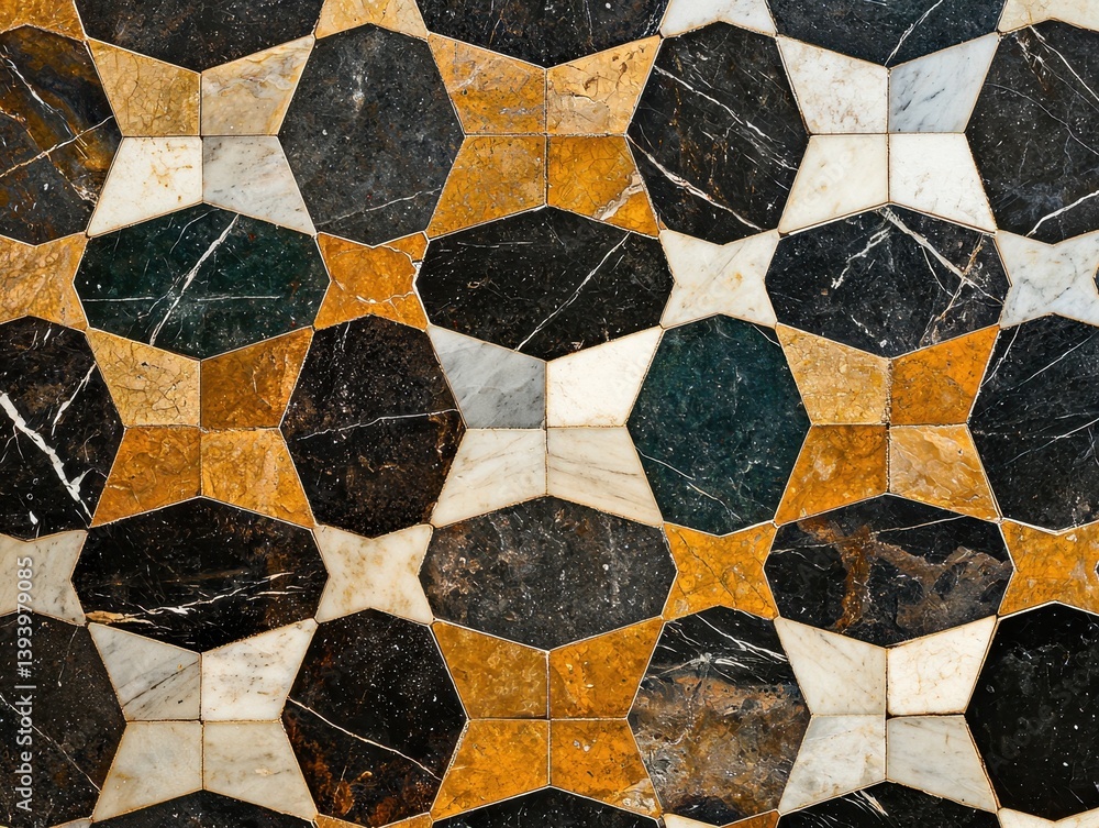 Geometric pattern featuring marble tiles in various colors: black, white, gold, and green, forming octagons and stars. Abstract, decorative background Geometric pattern featuring marble tiles in various colors: black, white, gold, and green, forming octagons and stars. Abstract, decorative background