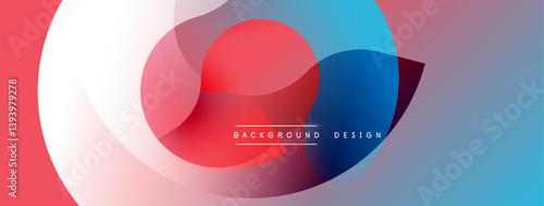 Abstract design features overlapping colorful circles. Red, blue, pink hues blend smoothly creating dynamic visual effect. Modern background suitable for various projects.