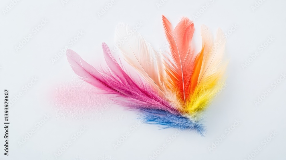 Vibrant colorful feathers arranged in a fan shape