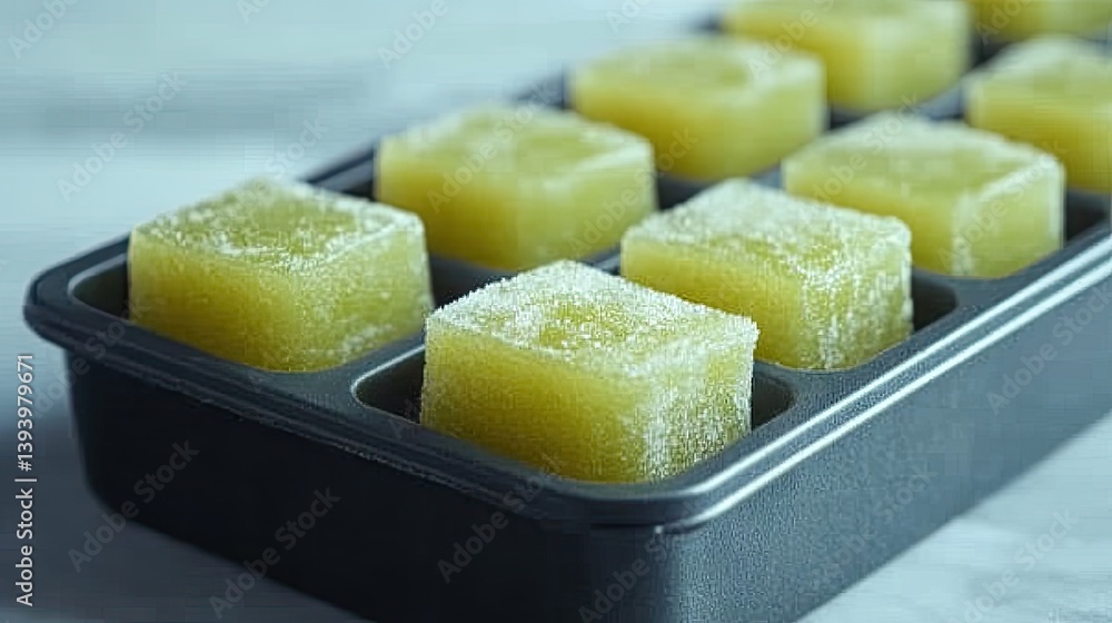 Ice cube tray filled with frozen yuzu juice portions Ice cube tray filled with frozen yuzu juice portions