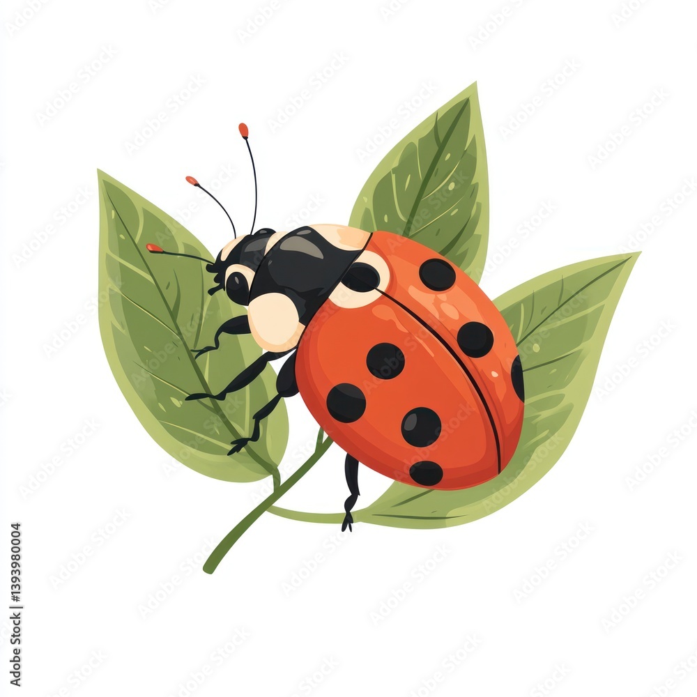 Fototapeta premium Ladybug on leaves, nature illustration, isolated