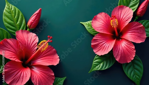 Wallpaper Mural Bold hibiscus blossoms, tropical leaves, vibrant colors, design, bold, background Torontodigital.ca