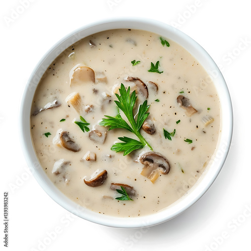 A creamy bowl of mushroom soup with a hint of cream, isolated white background, minimalist style