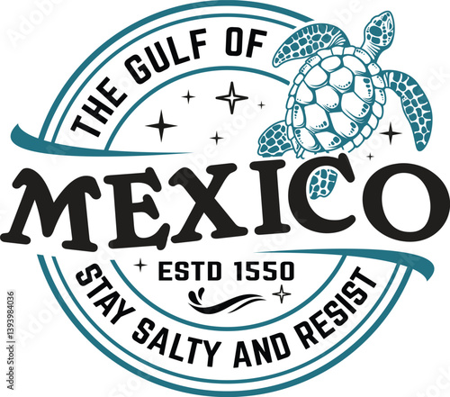 Gulf of Mexico vector illustration, perfect for coastal designs. Created in Illustrator, featuring a sea turtle and vintage typography, it is ideal for prints and branding.