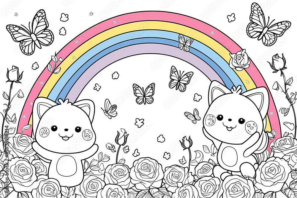 A rainbow appearing after a spring rain, coloring page for kids, simple outline illustration. Coloring book. A rainbow appearing after a spring rain, coloring page for kids, simple outline illustration. Coloring book.