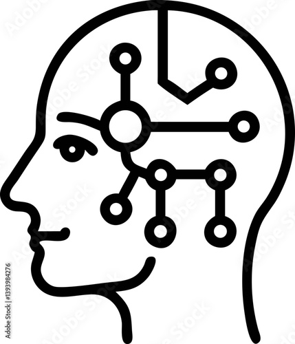 simple black and white illustration of human head with interconnected lines and nodes inside, symbolizing artificial intelligence and neural networks. design is minimalistic and abstract
