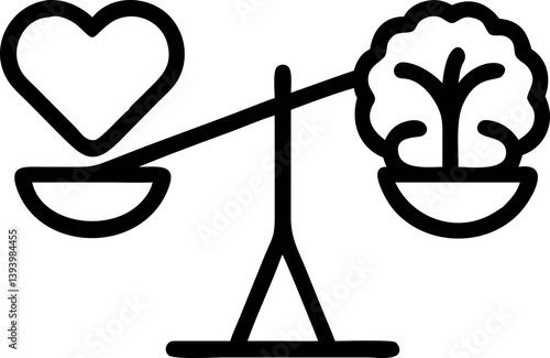 balanced scale icon with heart on one side and brain on other, symbolizing balance between emotion and logic. simple design conveys harmony and decision making