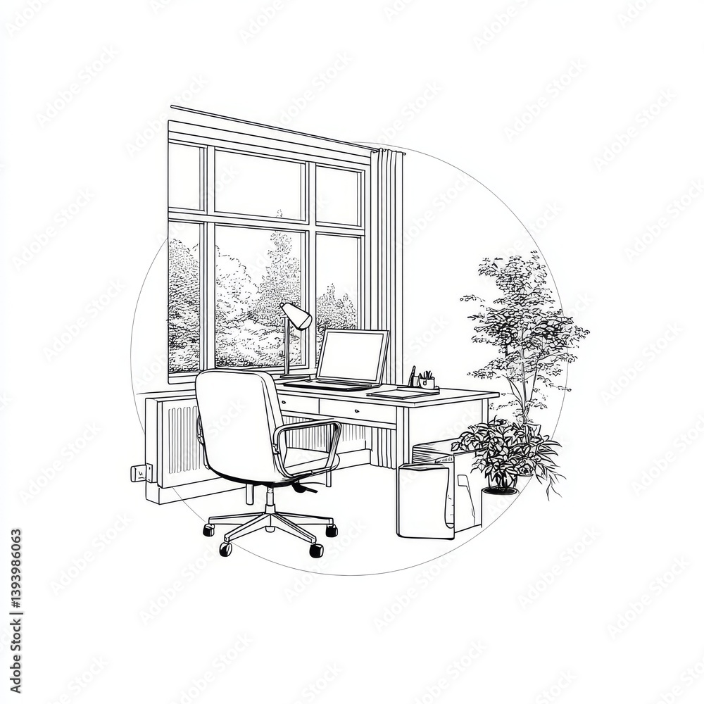 Fototapeta premium Single one line drawing office interior concept. Office desk, chair, computer, window and plant. Continuous line draw design graphic vector illustration.