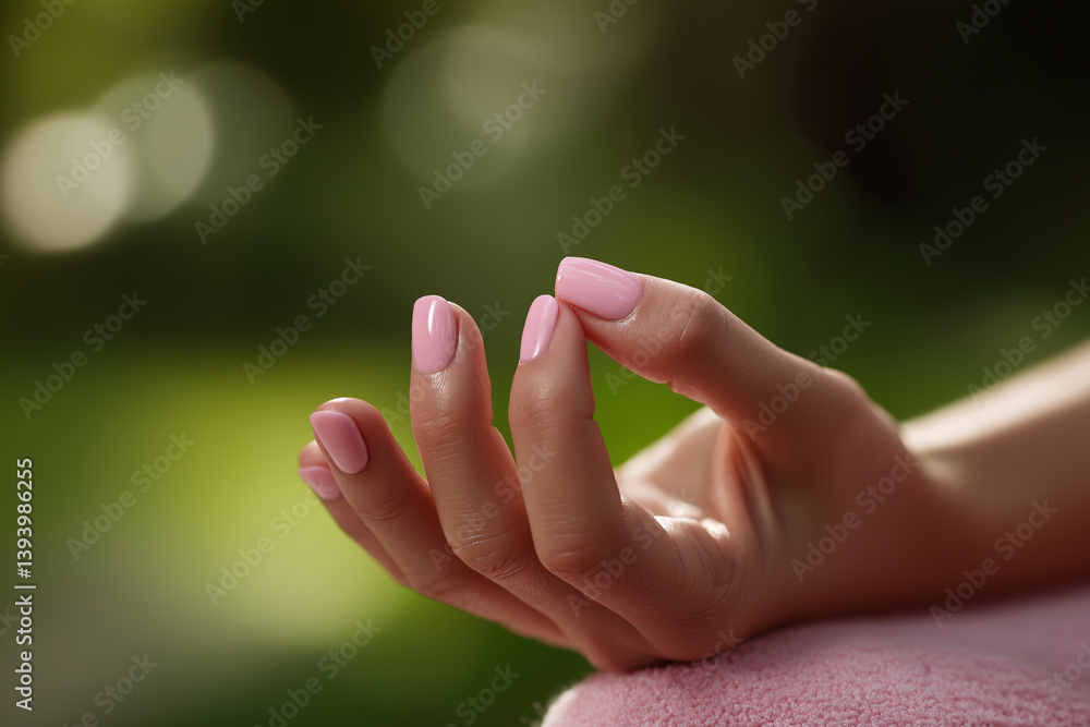 Close-up of a woman's hand doing a yoga pose with pink-painted nails, on a blurred green background, with space for text. The woman is meditating in the lotus position and making a