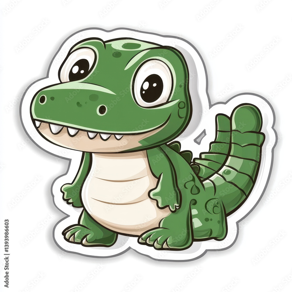 Fototapeta premium Cute animal sticker featuring friendly green dinosaur character with big eyes and cheerful expression. This adorable design is perfect for kids and adds playful touch to any collection