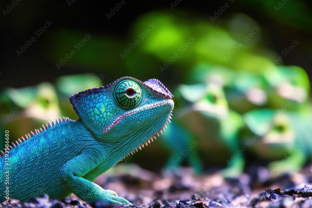 Fototapeta premium Blue chameleon looks at group of green chameleons