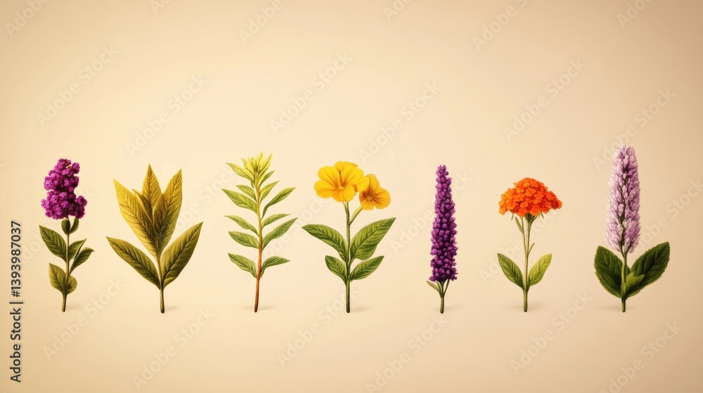 A vibrant assortment of flowers and foliage displayed horizontally, showcasing different shapes and colors against a muted background A vibrant assortment of flowers and foliage displayed horizontally, showcasing different shapes and colors against a muted background