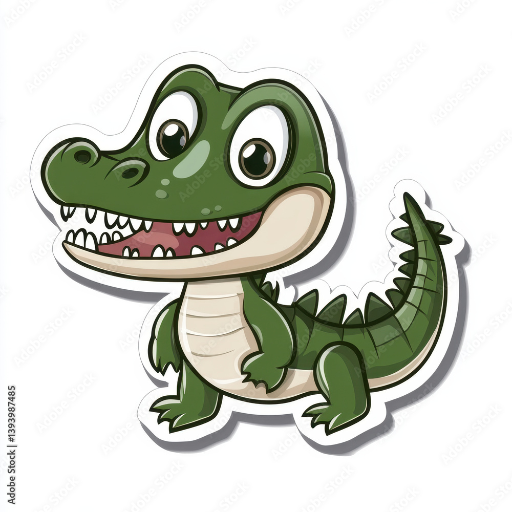 Fototapeta premium Cute animal sticker featuring cartoon crocodile with big smile and bright eyes. This playful design showcases crocodile vibrant green color and friendly expression, perfect for kids