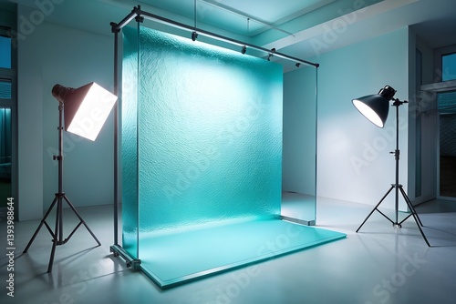 Obraz na płótnie Mint Blue Translucent Glass Panel with Light Refraction in Studio Lighting w salonie