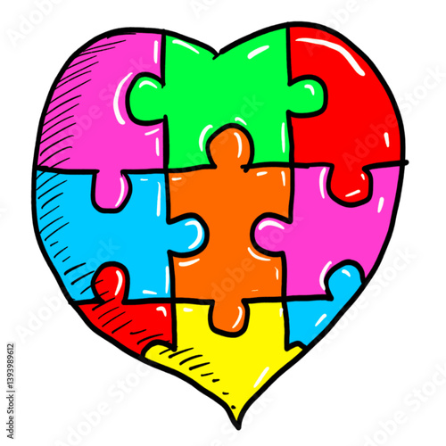 Colorful heart vector illustration for autism spectrum disorder in freehand line art style.