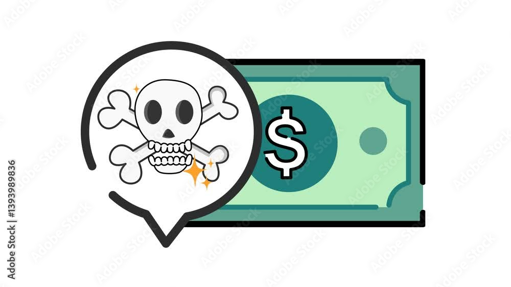 Skull and crossbones threat to money in cartoon animation. Financial risk icon. Investment danger notification. Alpha channel. Seamless looping. Business warning symbol. Skull and crossbones threat to money in cartoon animation. Financial risk icon. Investment danger notification. Alpha channel. Seamless looping. Business warning symbol.