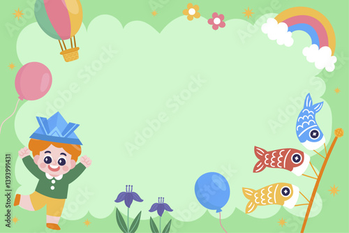 A boy joyfully holds a colorful balloon and a fish, both lifted high in the air against a bright blue sky.