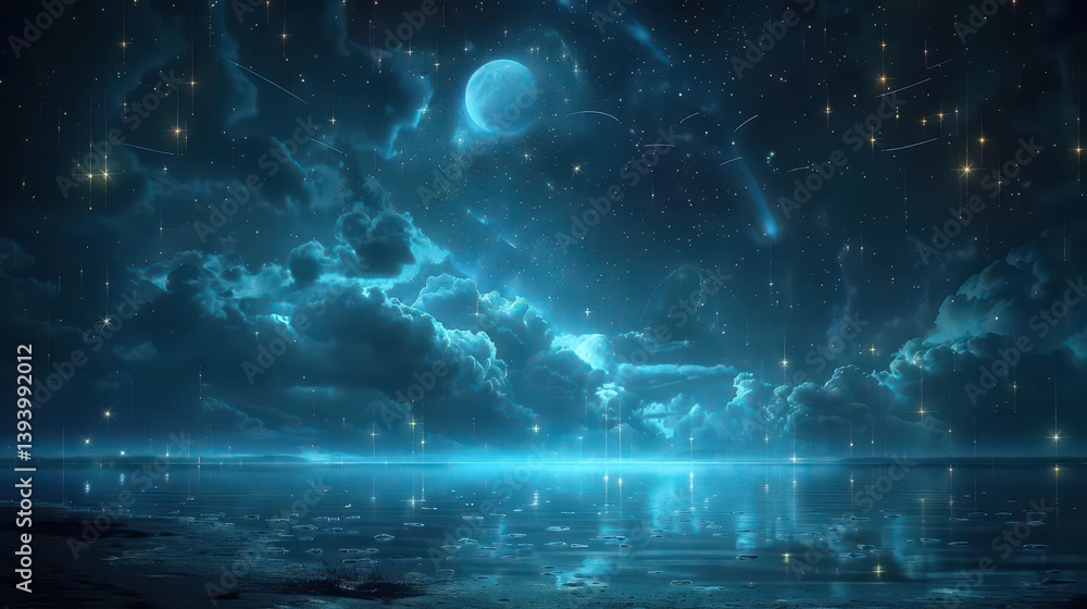 A serene night sky filled with stars, clouds, and a glowing moon reflecting on calm waters. A serene night sky filled with stars, clouds, and a glowing moon reflecting on calm waters.