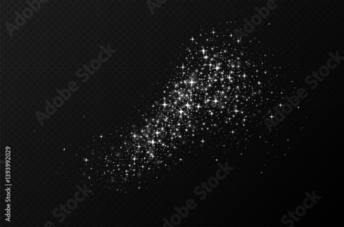 White sparkling stars, shiny particles light effect, transparent flying stardust texture, abstract twinkle Christmas decoration. Vector illustration.