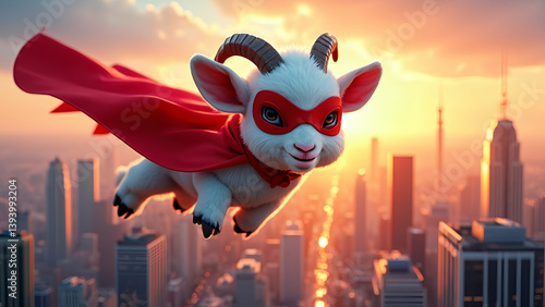 A goat is flying through the sky wearing a red cape and a red mask. The goat is surrounded by a cityscape, with tall buildings and a river in the background. The scene is bright and colorful.