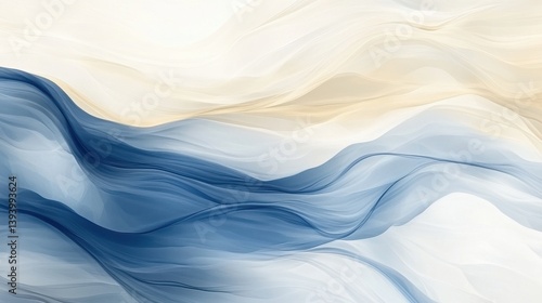 Abstract fluid lines in soft blue and beige tones creating a serene background design