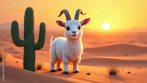 A goat is standing in the desert next to a cactus. The goat is white and has horns