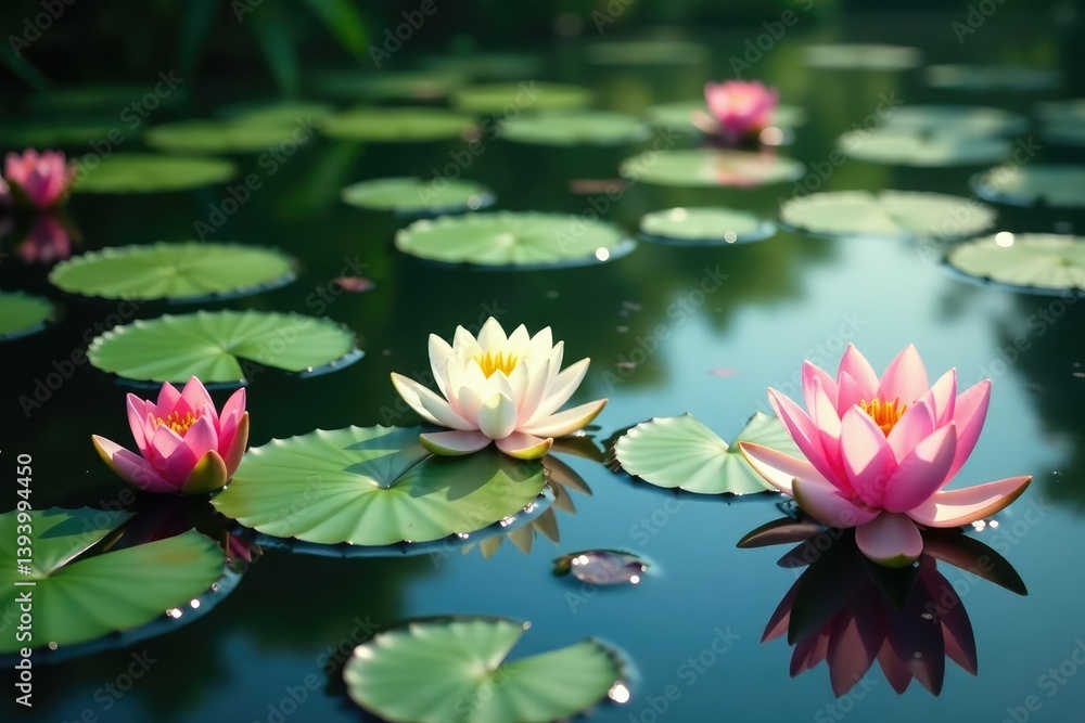 Water lilies forming a floral pattern across a still lake, pond, elegant Water lilies forming a floral pattern across a still lake, pond, elegant