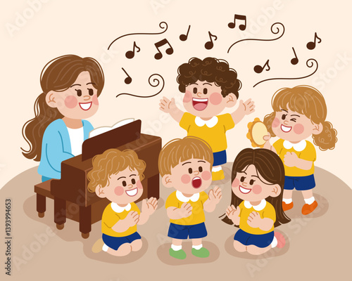 PrintFriends who cheerfully choral to the teacher's piano accompaniment in music class. Children who clap and cheer and children who show off their singing skills. Girl who plays the tambourine.