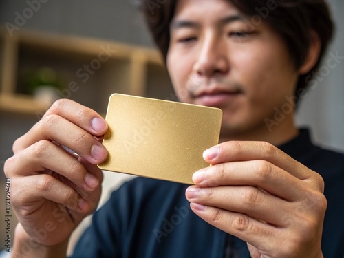 A man holds a shiny gold card and looks at it attentively, sitting in a modern room