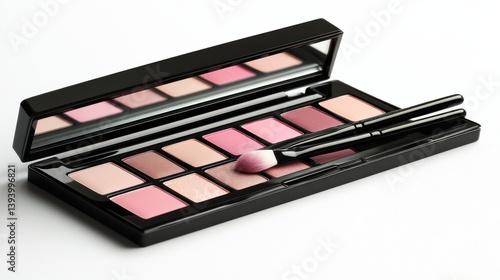 Stylish Makeup Palette with Various Shades of Pink and Cosmetic Brush on White Background