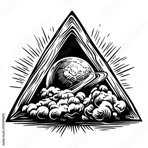 Cosmic Triangle Illustration with Planet and Celestial Clouds