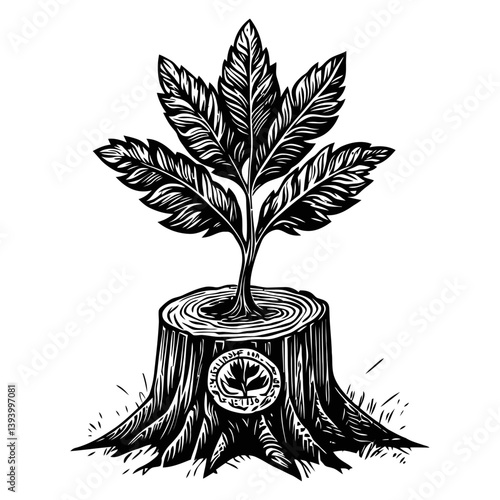 Tree Stump with Growing Sapling in Artistic Black and White Style