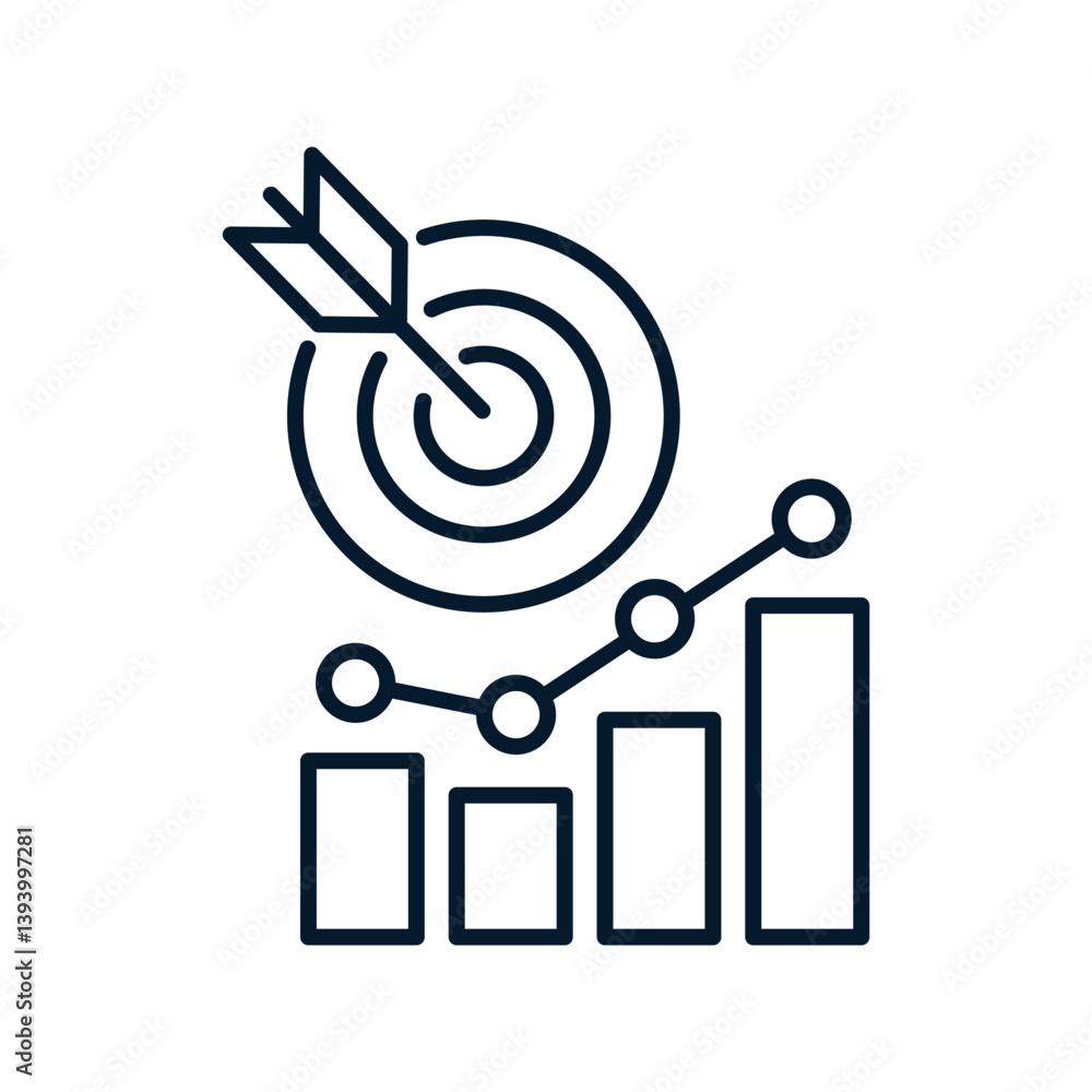 Chart, arrow, target. Concept of increasing productivity, rating. Vector linear icon isolated on white background. Chart, arrow, target. Concept of increasing productivity, rating. Vector linear icon isolated on white background.